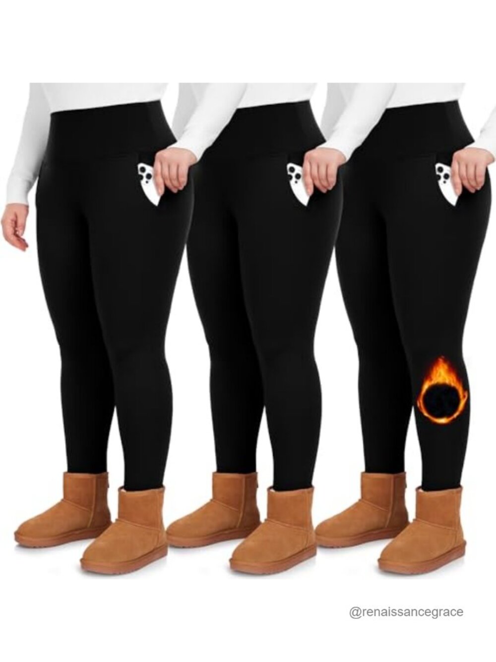 Plus Size Fleece Lined Yoga Leggings with Pockets 3 Pack High Waist Tummy